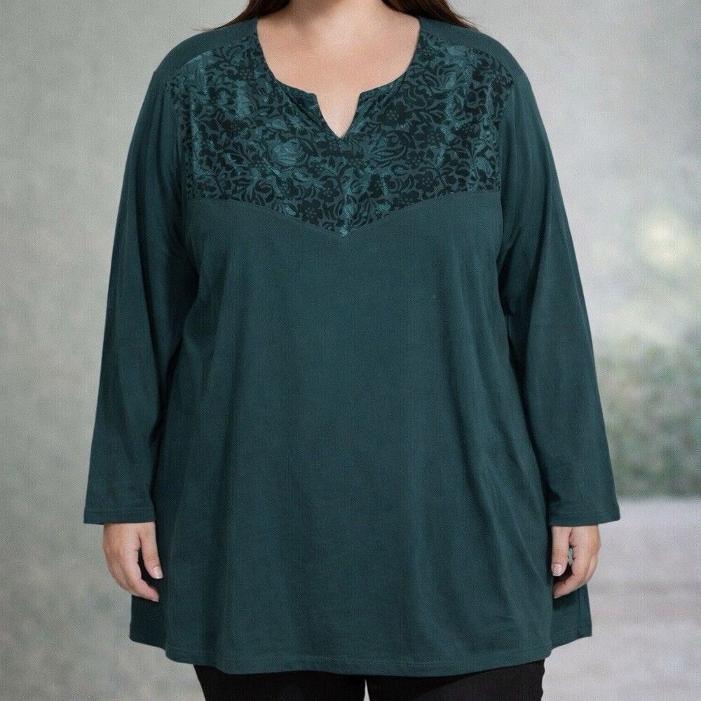 Catherines Blouse Plus Size 3X Teal V-Neck Long Sleeve Velvet Floral Cottage Top